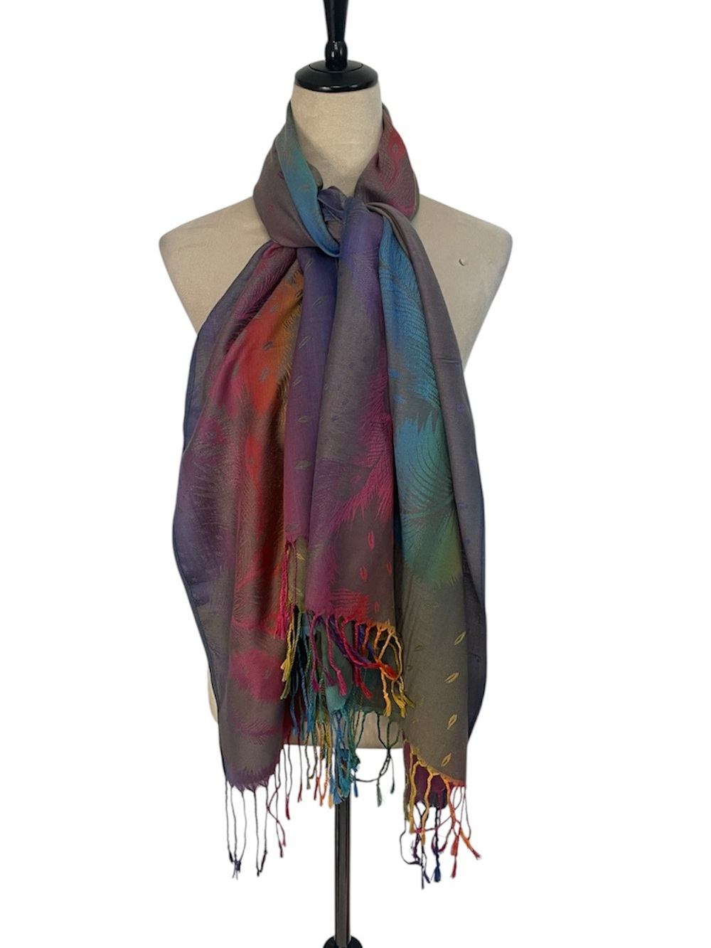 Pashmina Multicolored Feather-Print Women's Scarf with Fringe
